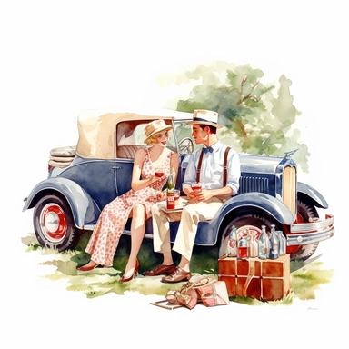 A couple dressed in elegant retro attire, sipping champagne and sharing a picnic on a checkerboard blanket in the backseat of a beautifully restored classic American convertible, extremely-detailed, high quality, clipart, watercolor, white background