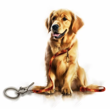 A clipart of a Golden Retriever sitting obediently with a leash in its mouth, ready for a walk, crafted on a white background.