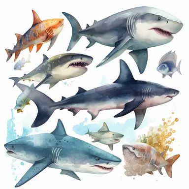 watercolor, Sharks - Sharks come in many different species and sizes, but they are all characterized by their sharp teeth, streamlined bodies, and powerful fins. Some of the most recognizable species include the great white shark and the hammerhead shark. commission for, vividly bold designs png Full body realistic cartoon in 32K UHD cute. 15 cm thick outline. Black color. There was no shadow on the ground. 8k with realistic watercolors and detailed illustrations. PNG clipart, transparent white 