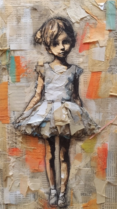 a collage of a small ballerina girl, collaged, mixed media art made with tissue paper, magazine and newspaper clippings, oil paint, graphite pencil lines and fabric