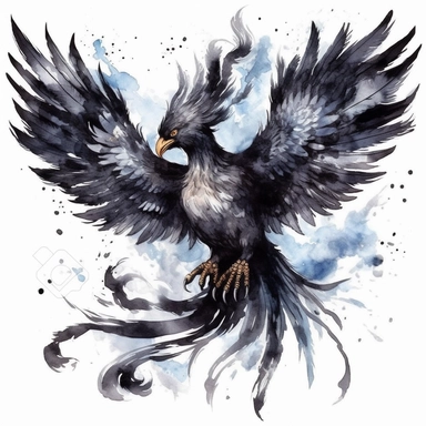 watercolor dark fantasy mystic black phoenix clipart, hd 4k, detailed, isolated on white background