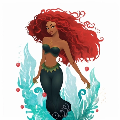a black little mermaid, disney's ariel, redmafro hair, detailed clipart, full body, detailed fin