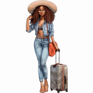 full body clip art+3 friend black Nubian woman+ long wavy hair+ kawaii+ standing next to suit case+ multiple traveling bags+ legs crossed at ankles+ high heels+skinny jeans and nice shirt+big hat+vacation vibes+detailed+ niji 5+ uhd+ png clipart+ airport
