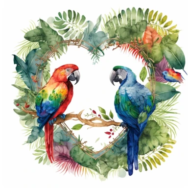 two parrots in a jungle heart frame, watercolor clipart, detailed, splashed, HD