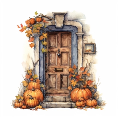 watercolor and colored pencil illustration of a quaint front door at halloween, highly detailed, realism, isolated on white background, high resolution clipart