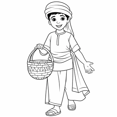 cute middle eastern boy with a basket, b&w lineart, minimalist style, white background, full body, picture, coloring book style on white background, well composed, clean coloring book page, No dither, no gradient, strong outline, No fill, No solids, vector illustration, clipart, simple, cartoon –ar 9:11 –v 5