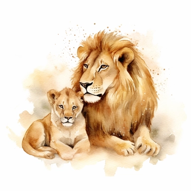 watercolour clipart, loin and baby lion, rich earth tones, sublimations