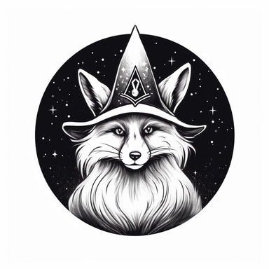 2D Black logo on a white background. Black and white mage fox. Storm. Magical stars. Clipart. NO SHADING. KEEP THE LOGO SIMPLIFIED