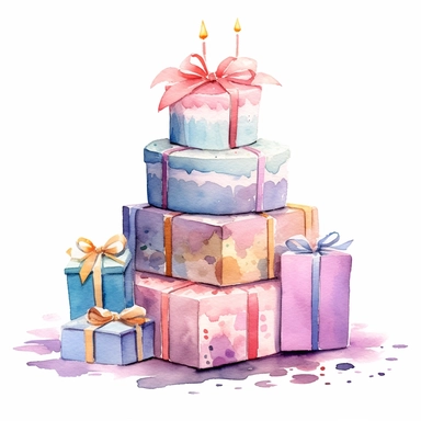 clipart, white background, watercolour, 2d illustration, no shadow, design a birthday big birthday cake and beautiful candles on top, around this birthday cake design some beautifully wrapped pastel colour gift boxes