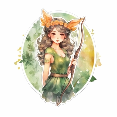 cute beautiful lady archer with bow on back, Horoscope, Astrology, forest theme, Watercolor Sagittarius Zodiac Sign Clipart sticker design, 8k, detailed white background, uplighted