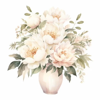 white and beige watercolor Peony Bouquets in a vase with leaves, soft muted color, clipart, multiple flowers in a bouquet, different composition, ultrarealistic, high details, emotive fields of color, charming illustrations, bloomcore, fairycore, soft color, whimsical, isolated on white background