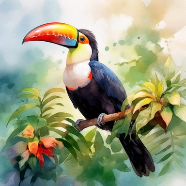 A toucan sitting proudly on a branch in the forest, looking off into the camera, with a few tropical plants and leaves framing the scene, vivid colors, watercolor by Liu Yi, clipart, solid background, 8k