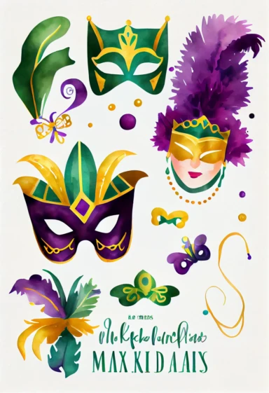 simplified mardi gras cliparts, simple shapes, no lines, no outlines, clipart most popular on etsy, featured on dribble, cartoon clipart, minimalist, computer vector graphic design clip art, watercolor illustration clipart, watercolour clipart, watercolor illlustration for kids and children, book illustration