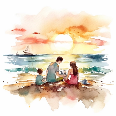 A family Enjoying sunset and sea waves on their picnic day at beach, water color style, clipart, white background