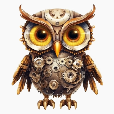 friendly owl with big cute eyes, standing up, in the style of steampunk, clipart, white background, lots of cogs