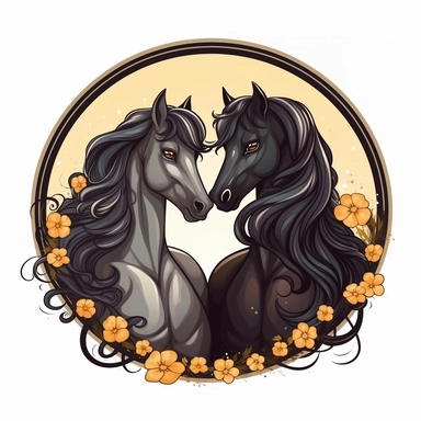 Cartoon black horse couple love portrait frame clipart, anime, high detail, illustration style, high solution, on the white background