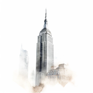 Empire state building in the style of delicate minimalistic illustration, sparse and simple bright watercolor, mostly blank, dotted, plenty of white space, low view, 8k, high resolution, hyper quality, separate element, clipart, white background