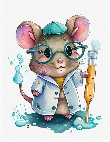detailed watercolor kawaii mouse with eyeglasses wearing a lab gown holding a test tube with chemicals, facing front, isolated on a white background, clipart
