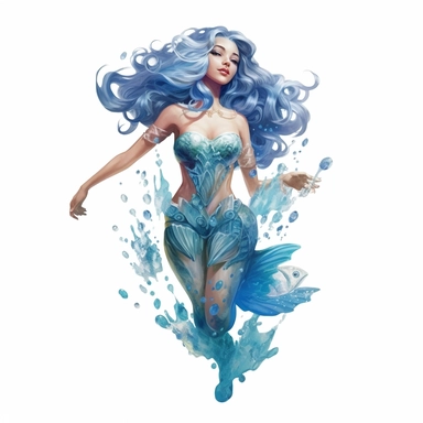 beautiful coloured mermaid girl, full body, fish tail, swimming, blue hair, paint art style, clipart, white background, superrealistic, one of a kind