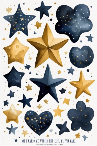 collection of clipart, stars theme, six big stars, small hearts, modern watercolor. by mary blair. white background, navy blue, golden,