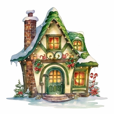 Cute Christmas elf green yellow house watercolor clipart