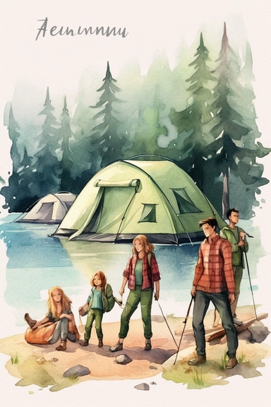 create a hand drawn watercolor clipart depicting families enjoying camping together, engaging in activities like hiking, fishing, or playing games, 4k,