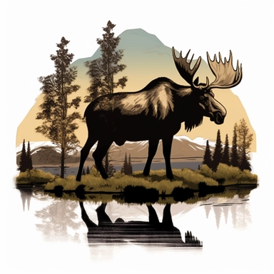 artistic moose clipart with trees and mountains Alaska in background