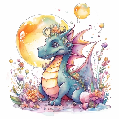 playful dragon blowing bubbles with its nose, depicted in a whimsical, watercolor, surrounded by colorful flowers and butterflies. The mood of the artwork is cheerful and playful, with a soft pastel color palette. The lighting style is bright and sunny, evoking a warm and inviting feeling. clipart design graphic, vector, contour, super cute, isolated white background, high quality, 2d, flat