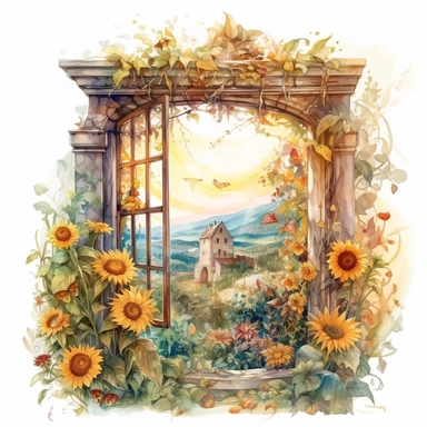 isolated on white illustration watercolor art of a rustic window from inside the fairy house, the window shows the landscape from the garden with sunflowers and a road going into the mountains, a lot of sunflowers, masterpiece by Hans Zatzka style and by Josephine Wall style and by Rachel Ruysch style and by Jean-Baptiste Monge style, Art Nouveau Architecture, PNG clipart, isolated on white, extreme photorealistic details, 32k HD resolution, realistic high detailization high resolution