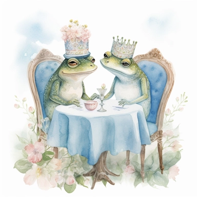 hand drawn frog couple, crown, dining at bistro table, whimsical, fantasy, in pale shades of blue sage green soft pink and pale yellow, flowers, glamorous, realistic, watercolor, clipart style, white background with margins