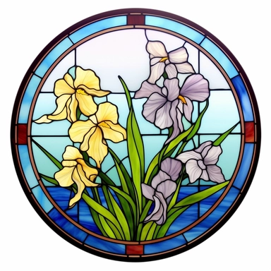 clipart realistic round stained glass window with floral irises theme, crisp lines, white background