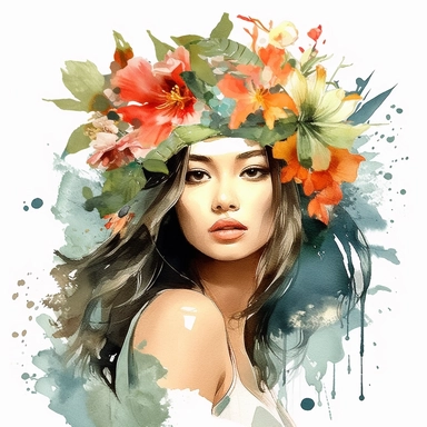 watercolor style, asian-origin girl with flowers on her head clipart, isolated on white background, hd ar 32:40