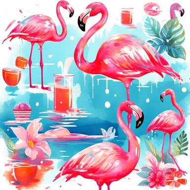clipart flamingo clip art set for summer decor, in the style of saturated pigment pools, collaged elements, poured resin, colorful sidewalk scenes, translucent water, playful collage, neo-kitsch
