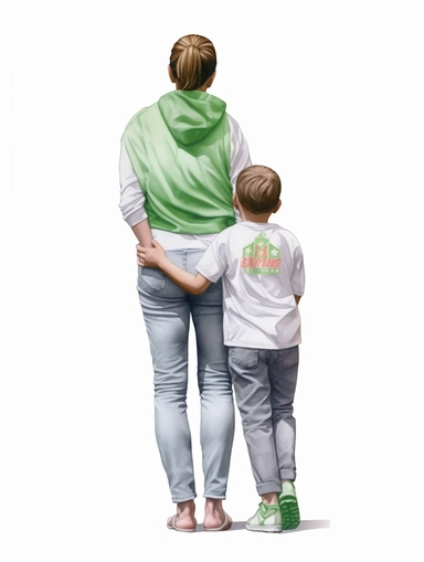 hyper realistic backview of mother with her child, clipart for mothersday, watercolor illustration, color palette Dry dock,extra white, fleeting green, loveable, requisite gray ,realistic,symmetry,png white background