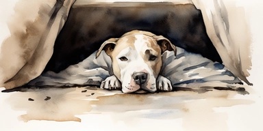 small scared brown and white pit bull in a large dirty shelter kennel, laying on a blanket on the floor, watercolor, and ink drawing, clipart, happy, gentle smile, beautiful watercolor ink wash coloring, thick pencil lines, Jon klassen, Adrian tomine, popular on etsy, watercolor illustrations clipart, watercolor illlustrations for kid