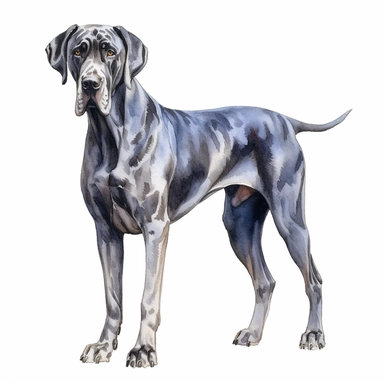 high detailed, Hand drawn watercolor clipart of a Great Dane in italy, on a pure white background for background removal, no shadow, no paint splash