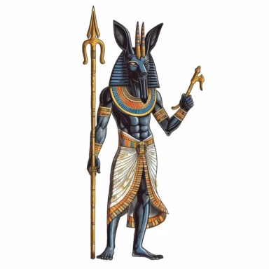 The ancient Egyptian god Anubis, represented as a man with the head of a jackal, standing in front of a tomb, Anubis should wear a detailed ceremonial headdress and hold an Ankh and Was scepter. The tomb should feature engraved hieroglyphics, clipart, watercolor, white background