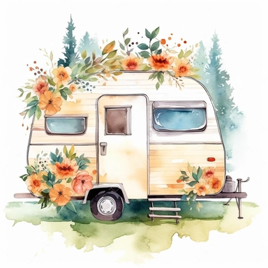 travel camping trailer with cute flowers and trees behinds the backgound clipart watercolor