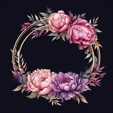 framed by thin border, wide view, central composition, fit in shot, full length, uncropped ,watercolor peonies wreathes, clipart, vector, dark background