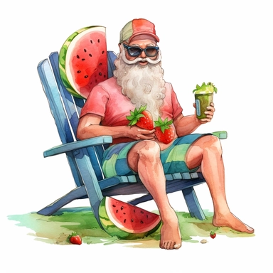 cute Santa Claus Wearing Sunglasses, sitting on a beach chair and eating watermelon, style by Lucy Fleming, watercolor, smooth gradients, black contour outline, ultra detailed, clipart elements, delicate pastel colors, solid white background, super clear, high quality