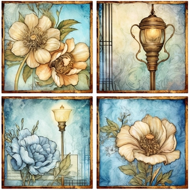 a page of watercolor flowers and street light card collections, set of 4 cliparts, in the style of steampunk-inspired designs, light blue and beige, great contrast, altered and substituted canvases, art arrangement, photographic source, matte, insanely detailed and sharp, some splash with alcohol ink, nouveau réalisme