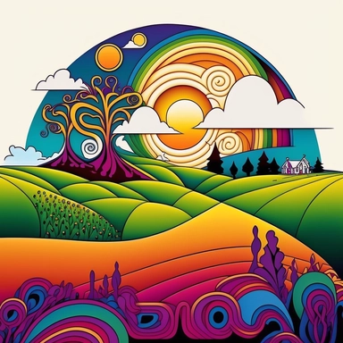 psychedelic farmland, art nouveau, bright colours, clipart, centred, white background