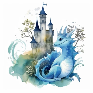 A devil blue color fantasy dragon , scale , near a castle , bamboo tree , Perfect for nursery art and children's book illustration style, simple, cute, full color, clipart, watercolor illustration, single object, white background for removing background