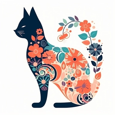 cartoon style cat, bright colored boho style flowers, silhouette vector flat simple identification symbol white backround white background minimalistic clipart png svg