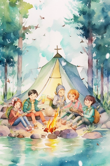 create a hand drawn watercolor clipart depicting families enjoying camping together, engaging in activities like hiking, fishing, or playing games, 4k,