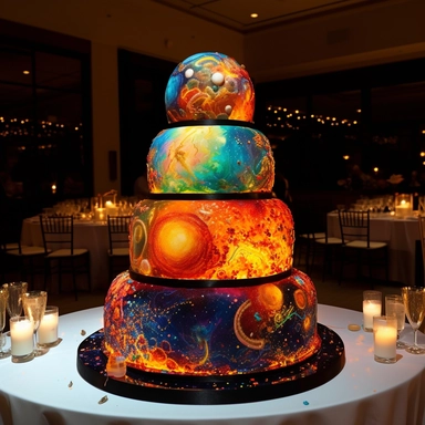 Interactive fire cake, 5-tier, spherical design, each tier representing a celestial body in the couple's unique layer, hand-painted with edible luminescent colors, creating an ethereal glow in dim lighting, a motorized, food-safe mechanism enabling the tiers to rotate slowly, decorated with sugar constellations depicting the couple's love story, an embedded touchscreen interface allowing guests to explore the cake's design, and a built-in, synchronized light and sound show that activates when th