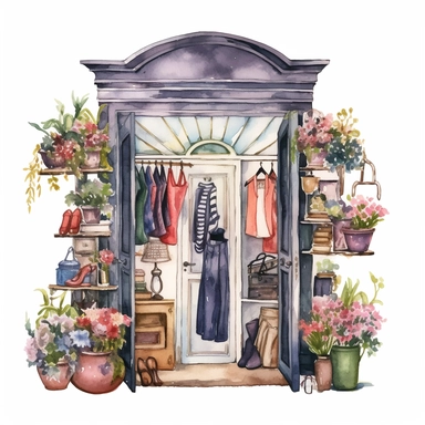 watercolor retro fashion boutique shop clipart, white background, spaced out, hd