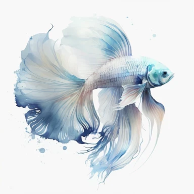 white and blue betta fish, light watercolor clipart, isolated on white background, James Jean and Peter Mohrbacher, no text, no captions