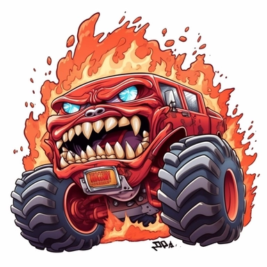 red cartoon monster truck crushing an old car clipart isolated on a white background flames coming out of the back