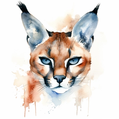 Clipart, watercolor, white background: A close-up of a caracal's face, showcasing its distinctive facial markings and intense gaze.